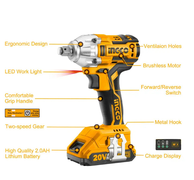 Juego de llaves de impacto inalámbricas INGCO de 20 V; Llave de impacto sin escobillas de 1/2 pulgada 300 NM con 2 baterías PCS; Cargador rápido de 1 hora; 3 enchufes CIWLI2001A.