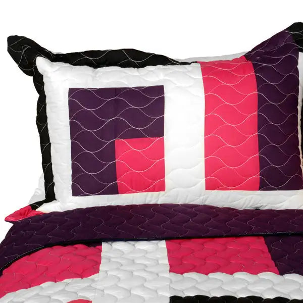 [City of Wine] 3PC Vermicelli-Quilted Patchwork Quilt Set (Full/Queen Size)