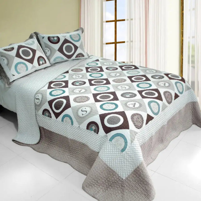 [Mistery Circle ] 3PC Cotton Vermicelli-Quilted Printed Quilt Set (Full/Queen Size)