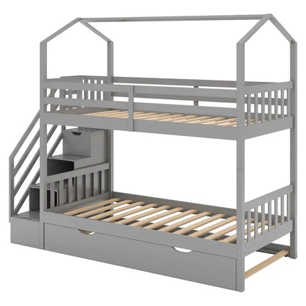 Multifunctional Twin over Twin House Bunk Bed with Staircase and Storage Space