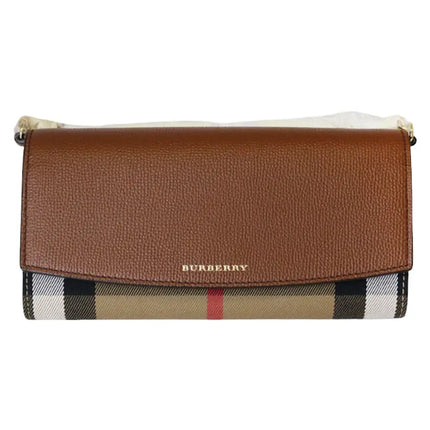 NEW Burberry Brown Henley House Check Leather Clutch Crossbody Bag