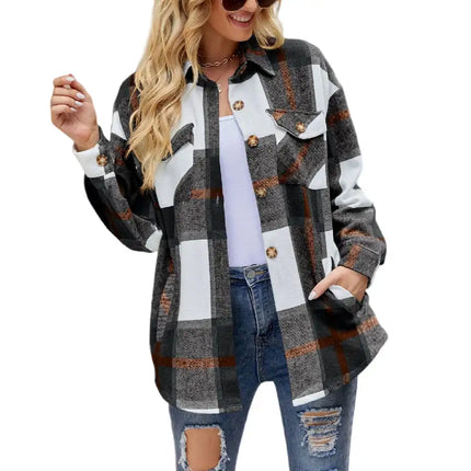 Womens Long Sleeve Plaid Shirts Flannel Lapel Button Down Shacket Jacket Coats