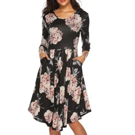 Women's Dress Floral Print 3/4 Sleeve Pockets Casual Swing Pleated Long Dress