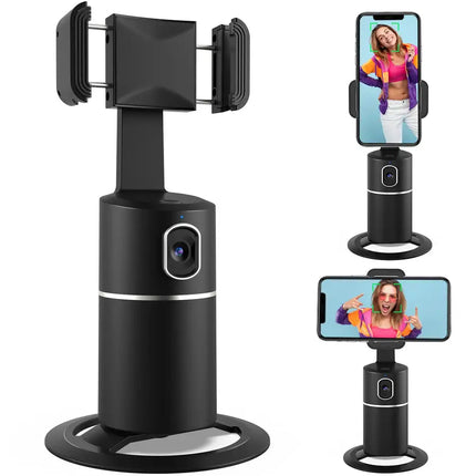 Auto Face Tracking Tripod;  No App Required;  360° Rotation Face Body Phone Camera Mount Smart Shooting Phone Tracking Holder for Live Vlog Streaming Video;  Rechargeable Battery-Black
