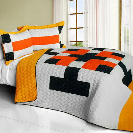 [Tetris - D] Vermicelli-Quilted Patchwork Geometric Quilt Set Full/Queen