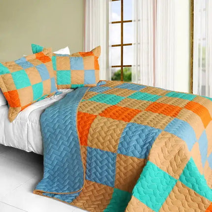 [Blue World] 3PC Vermicelli-Quilted Patchwork Quilt Set (Full/Queen Size)