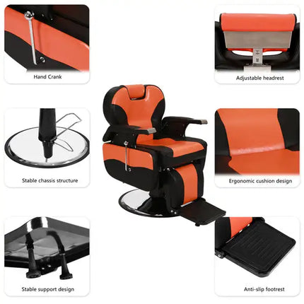 PVC Leather Cover; Wooden Armrest Shell; Iron Footrest; Disc With Footrest; Can Be Put Down 150kg; Barber Chair Orange