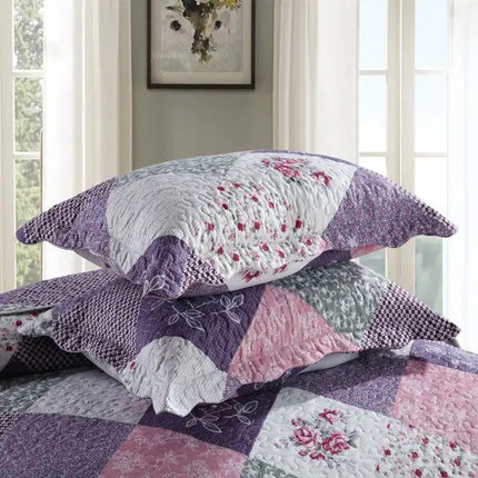 King Quilt Bedding Set 3-Piece Super Soft Microfiber Reversible Purple Quilt King Size; Lavender Little Rose Purple Quilt Bedspreads with 2 Pillowcase; 98x106 Inch
