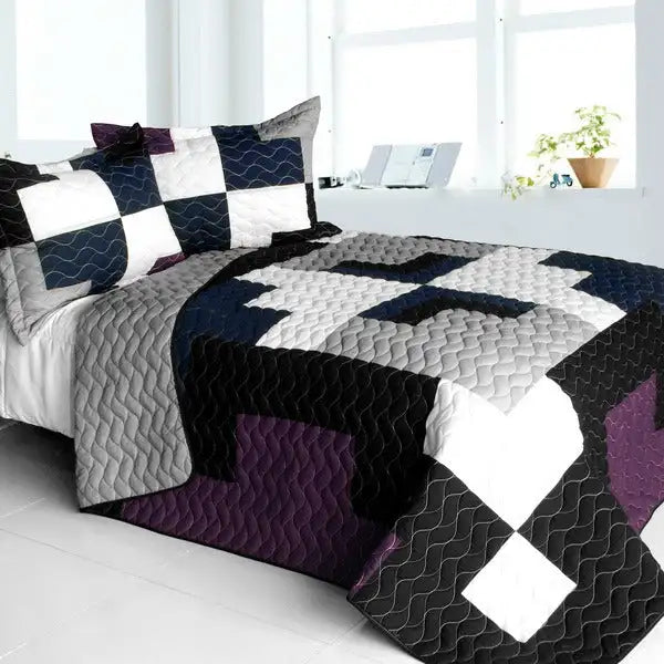 [Sand Timer] 3PC Vermicelli-Quilted Patchwork Quilt Set (Full/Queen Size)