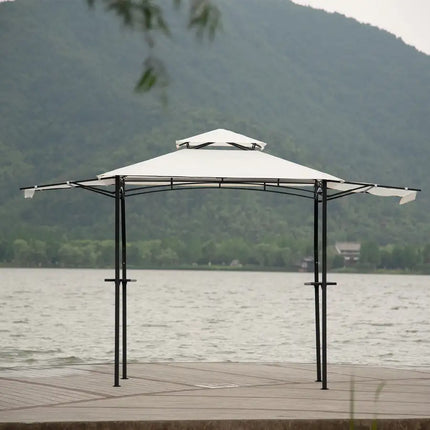 13Ft.Lx4.5Ft.W Iron Double Tiered Backyard Patio BBQ Grill Gazebo with Bar Counters&Extendable Shades, White