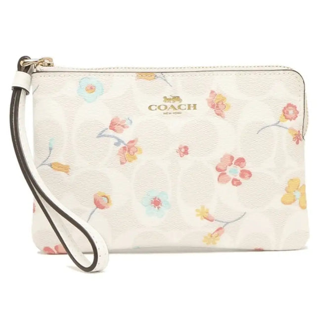 NEW Coach White Corner Zip Mystical Floral Print Monogram Signature Canvas Wristlet Clutch Bag