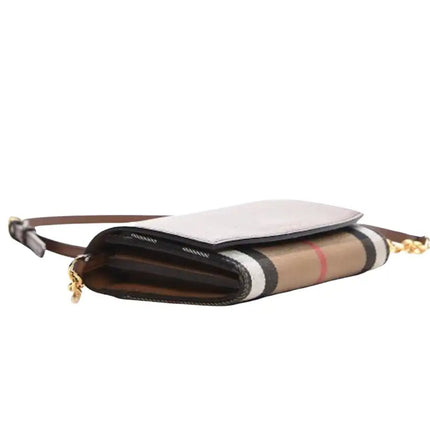 NEW Burberry Brown Henley House Check Leather Clutch Crossbody Bag