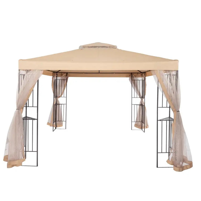 10' x 10' Steel Outdoor Patio /Gazebo /Garden Canopy with Removable Mesh Curtains,Double Tier Roof , & Steel Frame, Beige Top Cloth