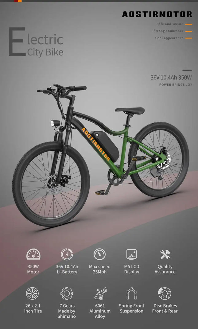 AOSTIRMOTOR Bicicleta eléctrica con neumático de 26 pulgadas, 350 W, 36 V, 10,4 Ah, batería de litio extraíble, bicicleta eléctrica urbana para adultos, nuevo modo A350