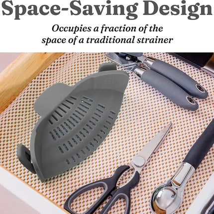 Kitchen Snap N Strain Pot Strainer and Pasta Strainer - Adjustable Silicone Clip On Strainer for Pots, Pans, and Bowls - Gray