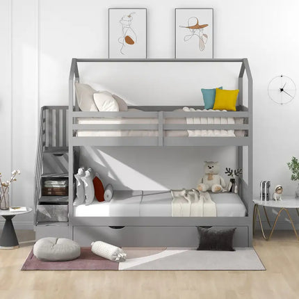 Multifunctional Twin over Twin House Bunk Bed with Staircase and Storage Space