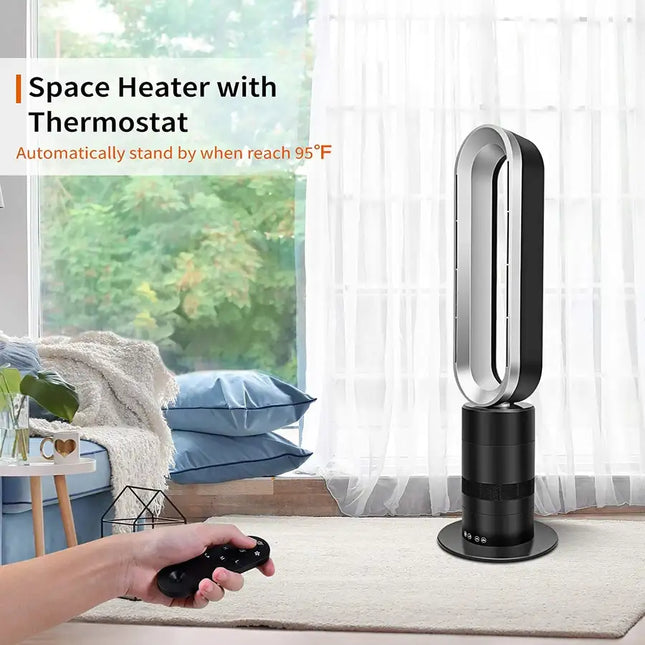 Ventilador de torre sin aspas con calentador espacial Simple Deluxe de 32 pulgadas; combinación de calentador y ventilador; Temporizador 9H 10 Velocidades con Control Remoto; ventilador circulador de aire para aire acondicionado doméstico; Gris oscuro