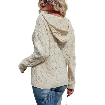 Women V neck Twist Knit Hoodie Warm Sweater Tops