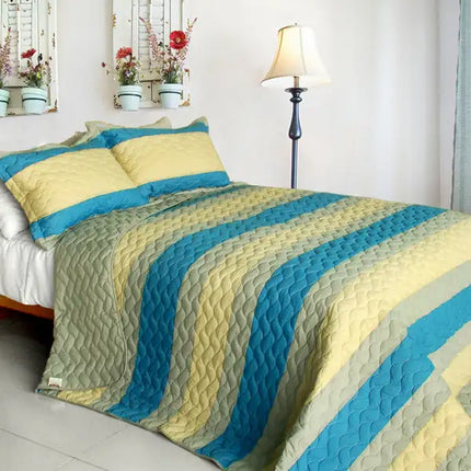 [Endless Horizon] 3PC Vermicelli-Quilted Patchwork Quilt Set (Full/Queen Size)