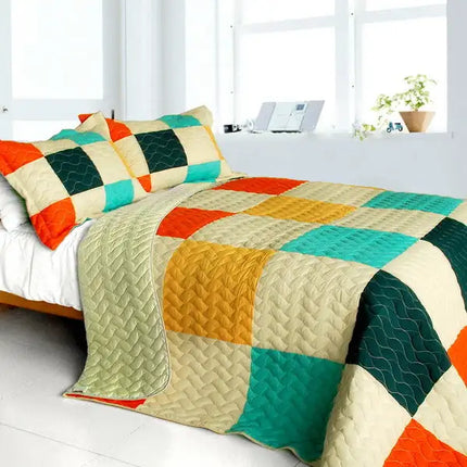 [Dream Catcher] 3PC Vermicelli-Quilted Patchwork Quilt Set (Full/Queen Size)