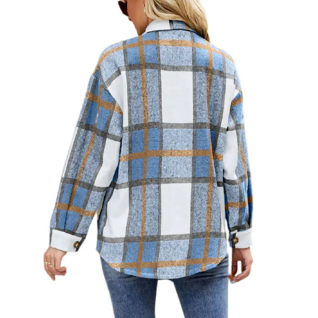 Womens Long Sleeve Plaid Shirts Flannel Lapel Button Down Shacket Jacket Coats