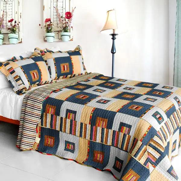 [Dim light] Cotton 3PC Vermicelli-Quilted Plaid Patchwork Quilt Set (Full/Queen Size)