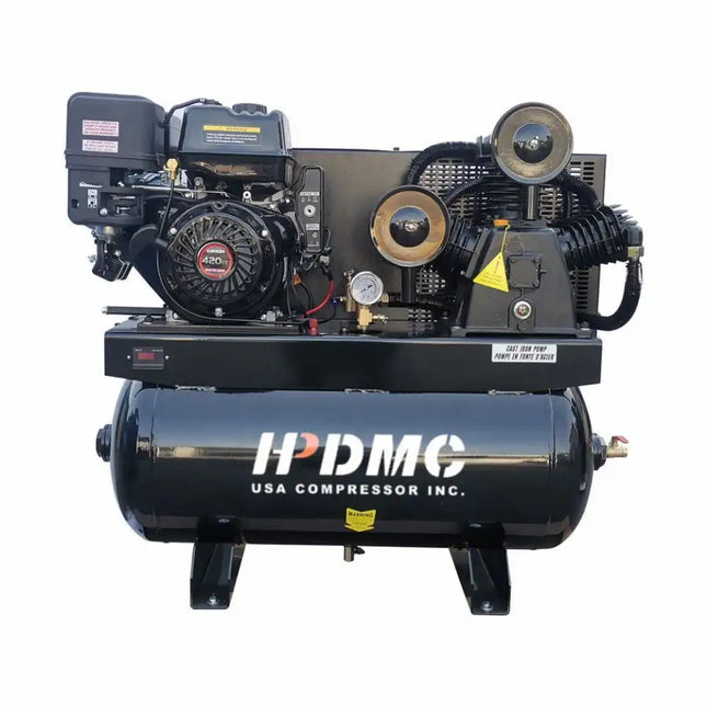 DHqLVYvBjCbr a gasolina de 13 HP, 3 cilindros, tanque ASME horizontal de 30 galones, sistema de aire comprimido con bomba de pistón (175 PSI a 24 CFM)