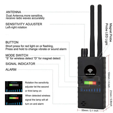 Detector de radio G528B; Detector de radio de señal inalámbrica RF de rango completo multifuncional Sensibilidad ajustable de rango de 1MHz-8GHz