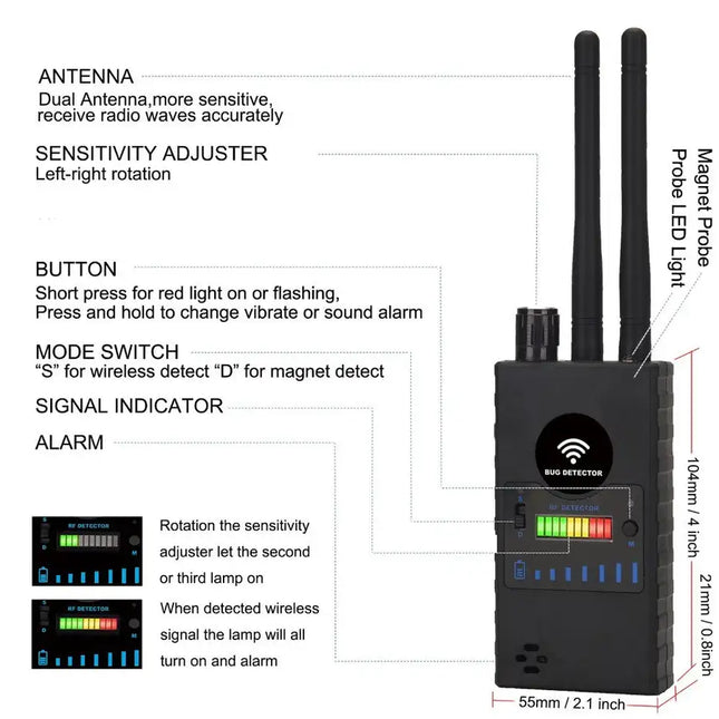 Detector de radio G528B; Detector de radio de señal inalámbrica RF de rango completo multifuncional Sensibilidad ajustable de rango de 1MHz-8GHz