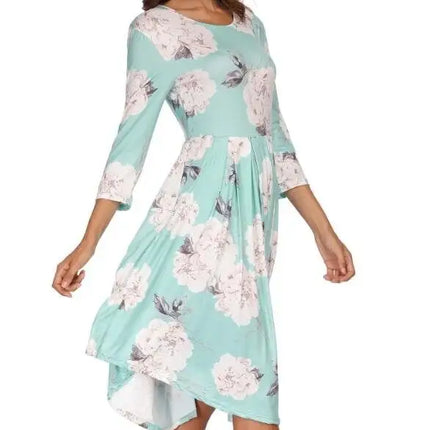 Women's Dress Floral Print 3/4 Sleeve Pockets Casual Swing Pleated Long Dress