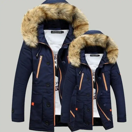 Men Coat Jacket Faux Fur Hooded Cotton Padded Parka Outerwear and Coats