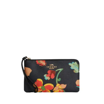 NEW Coach Black Large Corner Zip Dreamy Land Floral Print Canvas Wristlet Clutch Bag
