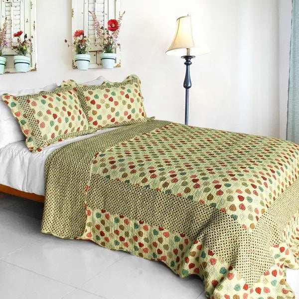 [Colorful Dots] Cotton 3PC Vermicelli-Quilted Dots Printed Quilt Set (Full/Queen Size)