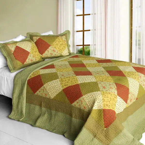 [Green Fields] Cotton 3PC Vermicelli-Quilted Striped Printed Quilt Set (Full/Queen Size)