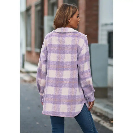 Women Fashion Plaid Mohair Coat Tweed Thick Jacket