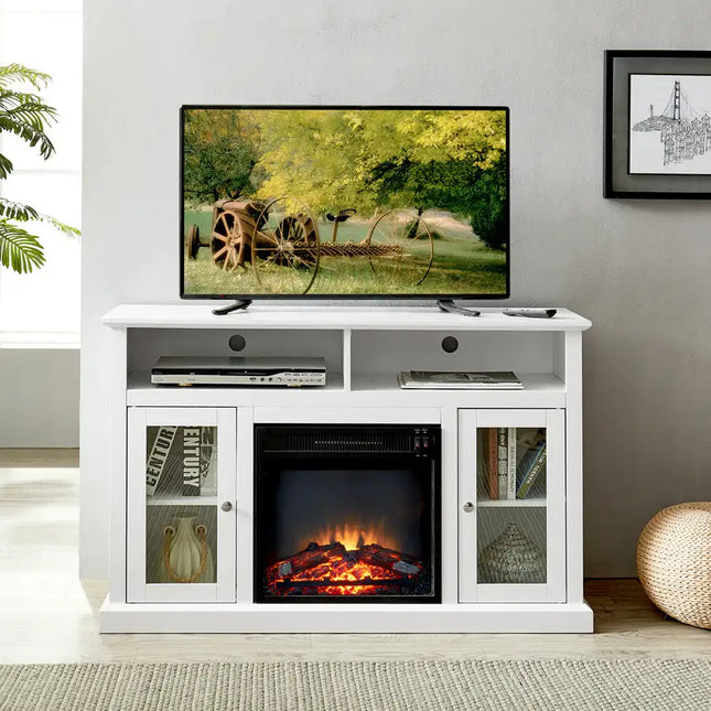 Modern Electric Fireplace TV Stand, Fit up to 55" Flat Screen TV with 2 Tempered Glass Storage Cabinet and Adjustable Shelves