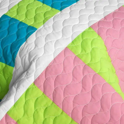 [Lollipops - A] Vermicelli-Quilted Patchwork Geometric Quilt Set Full/Queen
