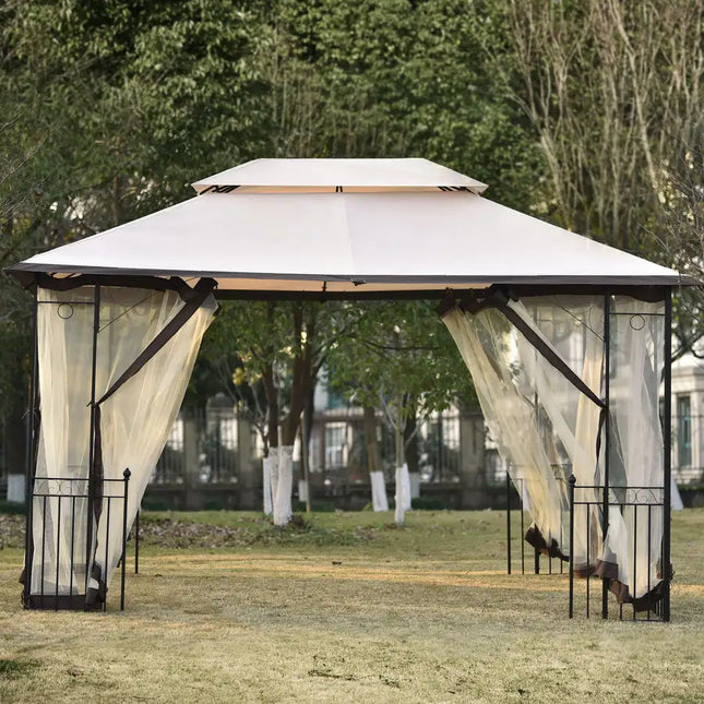 13 pies. Ancho x 9,7 pies. Gazebo exterior para patio de hierro D, dosel suave de doble techo