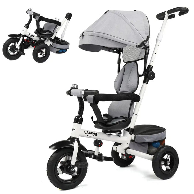 Kids Tricycle,Kids Folding Steer Stroller with Rotatable Seat, Adjustable Push Handle & Canopy, Safety Harness, Storage Bag