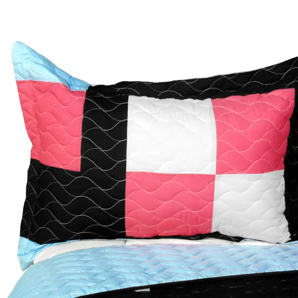 [Modern Pink] 3PC Vermicelli - Quilted Patchwork Quilt Set (Full/Queen Size)