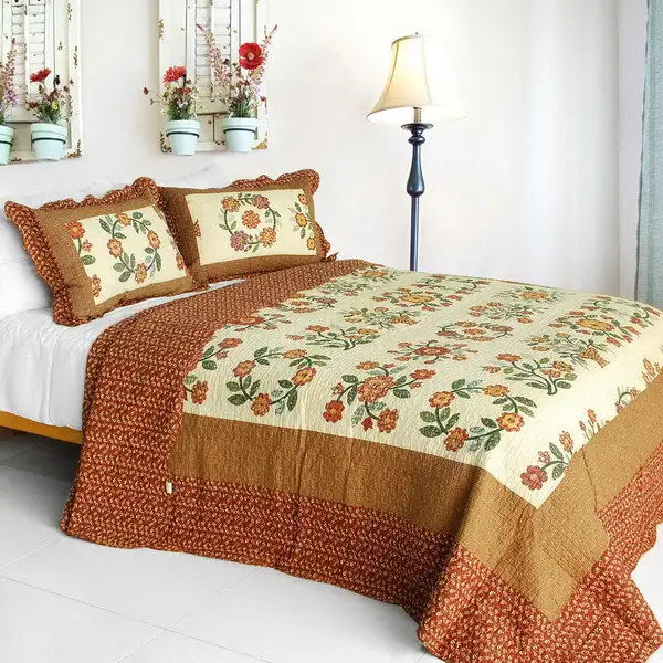 [I Believe] Cotton 3PC Vermicelli-Quilted Floral Printed Quilt Set (Full/Queen Size)