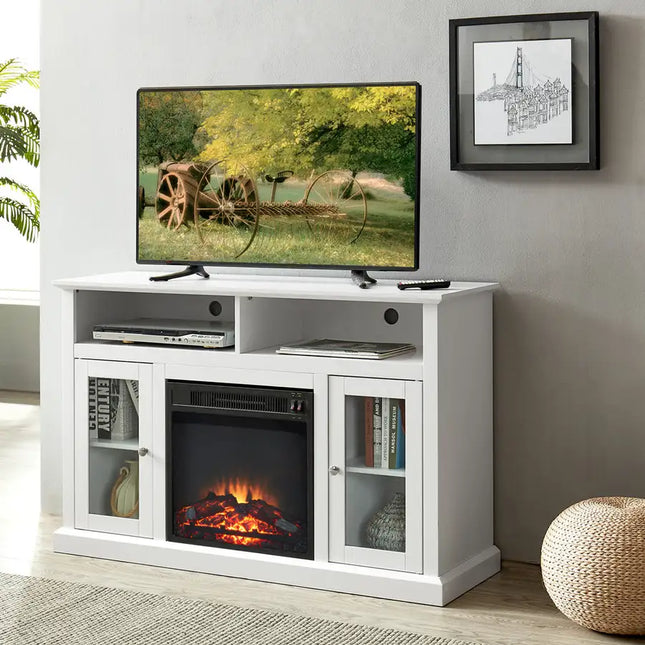 Modern Electric Fireplace TV Stand, Fit up to 55" Flat Screen TV with 2 Tempered Glass Storage Cabinet and Adjustable Shelves