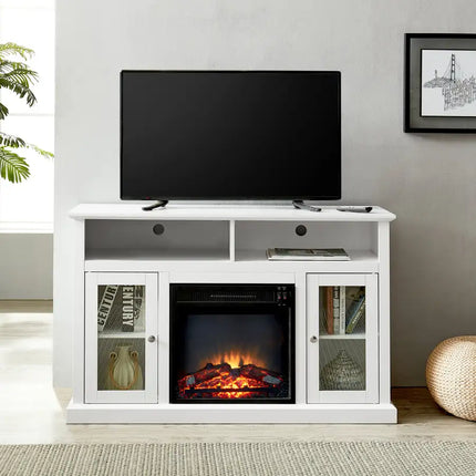 Modern Electric Fireplace TV Stand, Fit up to 55" Flat Screen TV with 2 Tempered Glass Storage Cabinet and Adjustable Shelves