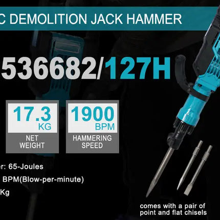 1900 BPM Electric Demolition Jack Hammer 1-1/8 Inch SDS-Hex Heavy Duty Concrete Pavement Breaker Drills Kit