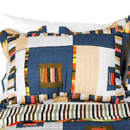 [Dim light] Cotton 3PC Vermicelli-Quilted Plaid Patchwork Quilt Set (Full/Queen Size)