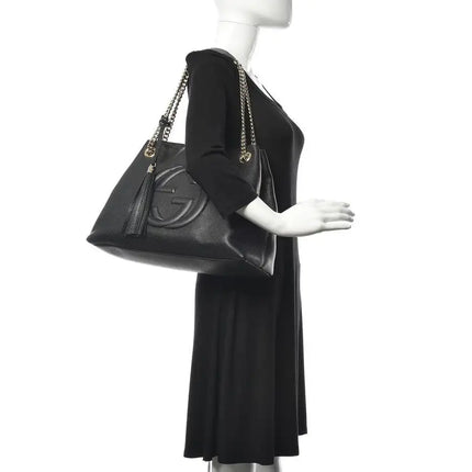 NEW Gucci Black Pebbled Leather Medium Soho Chain Tote Shoulder Bag
