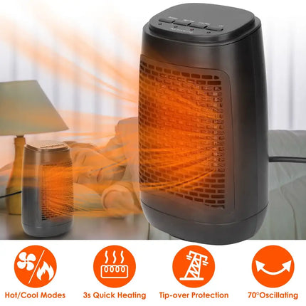 Calentador eléctrico portátil oscilante de 1500W y 70°, ventilador personal con protección contra vuelcos y sobrecalentamiento, calentador de cerámica