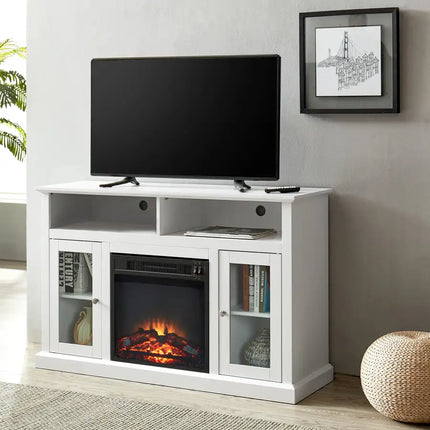 Modern Electric Fireplace TV Stand, Fit up to 55" Flat Screen TV with 2 Tempered Glass Storage Cabinet and Adjustable Shelves