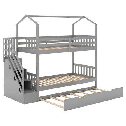 Multifunctional Twin over Twin House Bunk Bed with Staircase and Storage Space