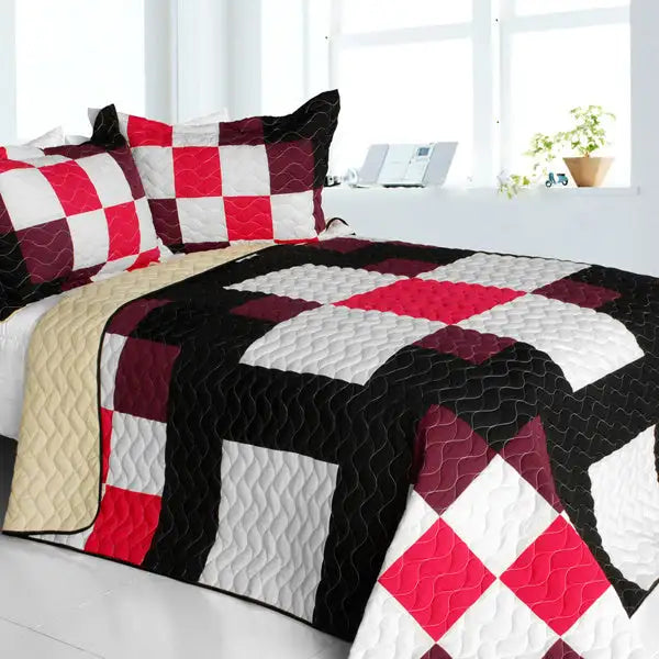 [Romantic Girl] 3PC Vermicelli-Quilted Patchwork Quilt Set (Full/Queen Size)